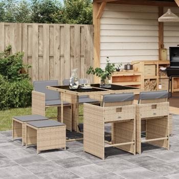 ARDEBO.de - 9-tlg. Garten-Essgruppe mit Kissen Beigemischung Poly Rattan