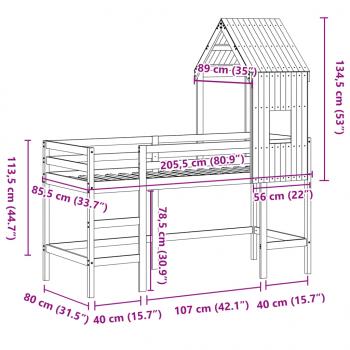 Hochbett mit Leiter und Dach 80x200 cm Massivholz Kiefer