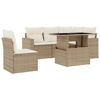 6-tlg. Garten-Sofagarnitur mit Kissen Beige Poly Rattan
