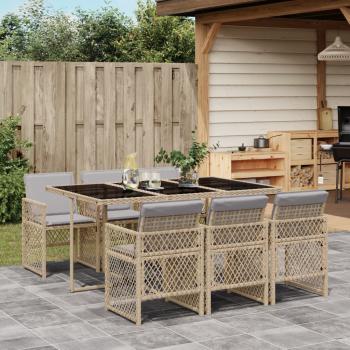 ARDEBO.de - 7-tlg. Garten-Essgruppe mit Kissen Beige Poly Rattan