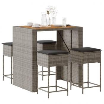 ARDEBO.de - 5-tlg. Gartenbar-Set mit Kissen Grau Poly Rattan