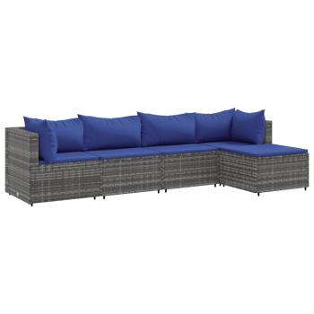 5-tlg. Garten-Lounge-Set mit Kissen Grau Poly Rattan