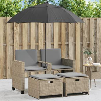 ARDEBO.de - Gartensofa 2-Sitzer Sonnenschirm und Hocker Beige Poly-Rattan