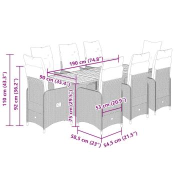 9-tlg. Garten-Bistro-Set mit Kissen Grau Poly Rattan