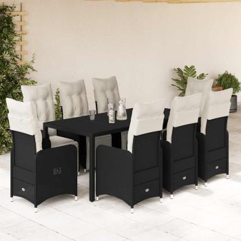 ARDEBO.de - 9-tlg. Garten-Bistro-Set mit Kissen Schwarz Poly Rattan