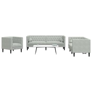 ARDEBO.de - 3-tlg. Chesterfield-Sofa-Set mit Nackenrollen Hellgrau Samt