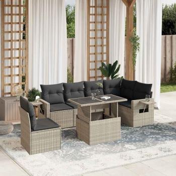 ARDEBO.de - 7-tlg. Garten-Sofagarnitur mit Kissen Hellgrau Poly Rattan