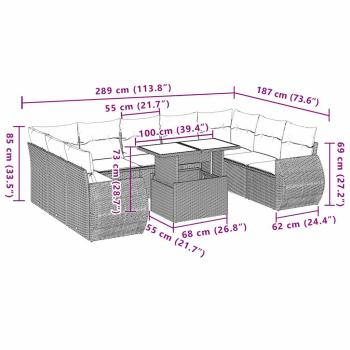 10-tlg. Garten-Sofagarnitur mit Kissen Hellgrau Poly Rattan