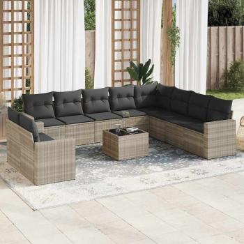 ARDEBO.de - 11-tlg. Garten-Sofagarnitur mit Kissen Hellgrau Poly Rattan