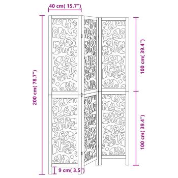 3-tlg. Paravent Schwarz Massivholz Paulownia