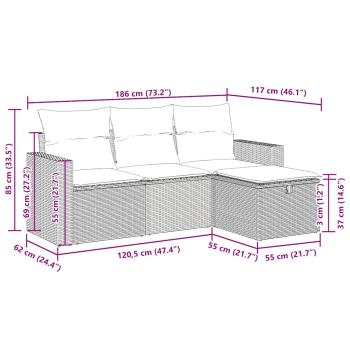 4-tlg. Garten-Sofagarnitur mit Kissen Grau Poly Rattan
