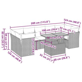 8-tlg. Garten-Sofagarnitur mit Kissen Grau Poly Rattan