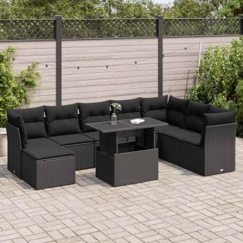 ARDEBO.de - 9-tlg. Garten-Sofagarnitur mit Kissen Schwarz Poly Rattan