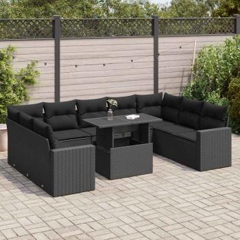 ARDEBO.de - 10-tlg. Garten-Sofagarnitur mit Kissen Schwarz Poly Rattan