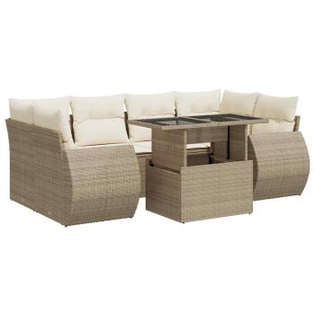 7-tlg. Garten-Sofagarnitur mit Kissen Beige Poly Rattan