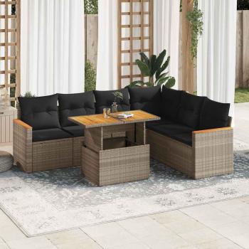 ARDEBO.de - 7-tlg. Garten-Sofagarnitur mit Kissen Grau Poly Rattan Akazie