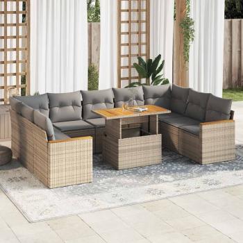 ARDEBO.de - 10-tlg. Garten-Sofagarnitur mit Kissen Beige Poly Rattan Akazie