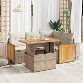 ARDEBO.de - 5-tlg. Garten-Sofagarnitur mit Kissen Beige Poly Rattan Akazie