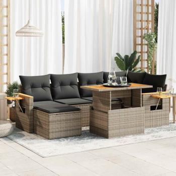ARDEBO.de - 7-tlg. Garten-Sofagarnitur mit Kissen Grau Poly Rattan Akazie