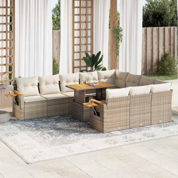 ARDEBO.de - 10-tlg. Garten-Sofagarnitur mit Kissen Beige Poly Rattan Akazie