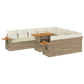 10-tlg. Garten-Sofagarnitur mit Kissen Beige Poly Rattan Akazie