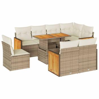 9-tlg. Garten-Sofagarnitur mit Kissen Beige Poly Rattan Akazie
