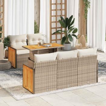 ARDEBO.de - 6-tlg. Garten-Sofagarnitur mit Kissen Beige Poly Rattan Akazie