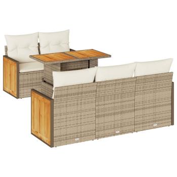 6-tlg. Garten-Sofagarnitur mit Kissen Beige Poly Rattan Akazie