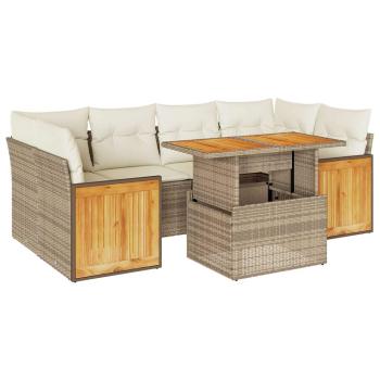 7-tlg. Garten-Sofagarnitur mit Kissen Beige Poly Rattan Akazie
