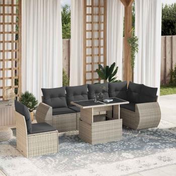 ARDEBO.de - 7-tlg. Garten-Sofagarnitur mit Kissen Hellgrau Poly Rattan