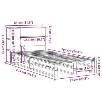 Massivholzbett mit Regal ohne Matratze Wachsbraun 75x190 cm
