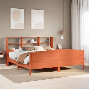ARDEBO.de - Massivholzbett mit Regal ohne Matratze Wachsbraun 200x200 cm