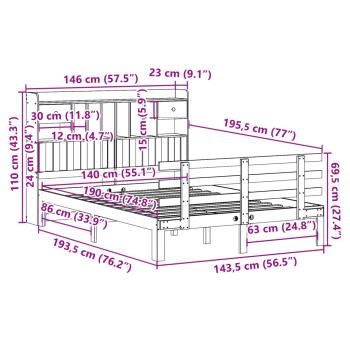 Massivholzbett mit Regal ohne Matratze Wachsbraun 140x190 cm