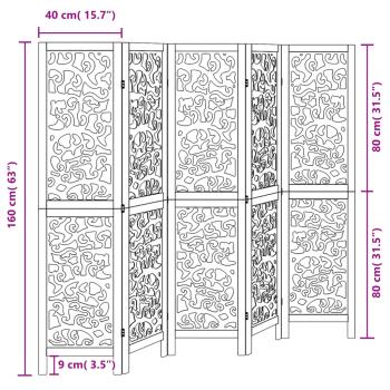5-tlg. Paravent Schwarz Massivholz Paulownia