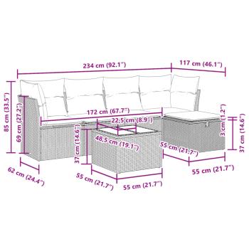 6-tlg. Garten-Sofagarnitur mit Kissen Grau Poly Rattan