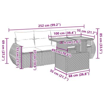 5-tlg. Garten-Sofagarnitur mit Kissen Grau Poly Rattan