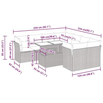 9-tlg. Garten-Sofagarnitur mit Kissen Schwarz Poly Rattan