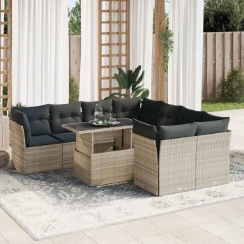 ARDEBO.de - 9-tlg. Garten-Sofagarnitur mit Kissen Hellgrau Poly Rattan