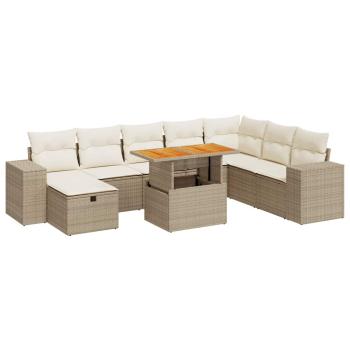 9-tlg. Garten-Sofagarnitur mit Kissen Beige Poly Rattan Akazie