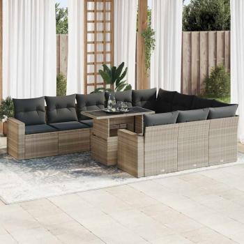 ARDEBO.de - 11-tlg. Garten-Sofagarnitur mit Kissen Hellgrau Poly Rattan