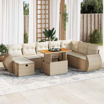 ARDEBO.de - 9-tlg. Garten-Sofagarnitur mit Kissen Beige Poly Rattan Akazie