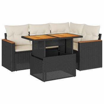 5tlg. Garten-Sofagarnitur mit Kissen Schwarz Poly Rattan Akazie