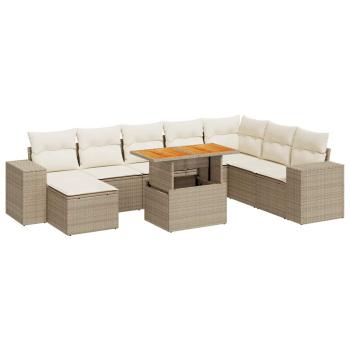 9-tlg. Garten-Sofagarnitur mit Kissen Beige Poly Rattan Akazie