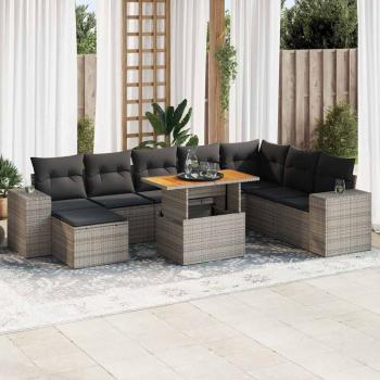 ARDEBO.de - 9-tlg. Garten-Sofagarnitur mit Kissen Grau Poly Rattan Akazie