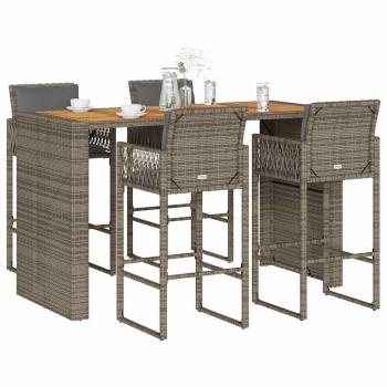 ARDEBO.de - 5-tlg. Gartenbar-Set mit Kissen Grau Poly Rattan Akazie