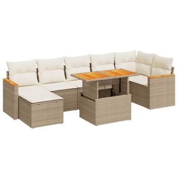 8-tlg. Garten-Sofagarnitur mit Kissen Beige Poly Rattan Akazie
