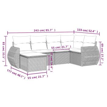 6-tlg. Garten-Sofagarnitur mit Kissen Hellgrau Poly Rattan