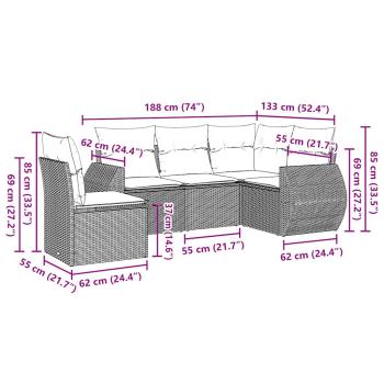 5-tlg. Garten-Sofagarnitur mit Kissen Hellgrau Poly Rattan