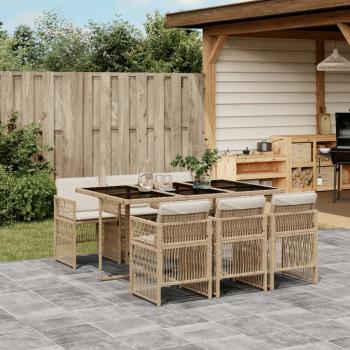 ARDEBO.de - 7-tlg. Garten-Essgruppe mit Kissen Beige Poly Rattan