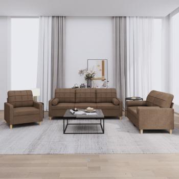 ARDEBO.de - 3-tlg. Sofagarnitur mit Kissen Braun Stoff